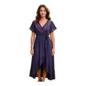 JODIFL Women's Plus 1X Dress V-Neck Embroidered Gray Pink Faux Wrap Hi Low Hem